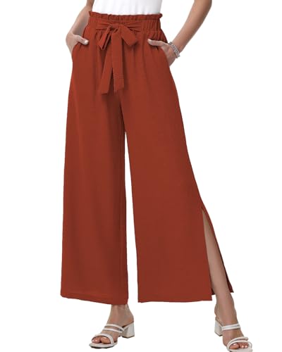 HMIYA Weite Hosen Damen Lässig Elegant Palazzo Hose Leichte Hohe Taille Sommerhose mit Taschen,Orange Rot,L von HMIYA