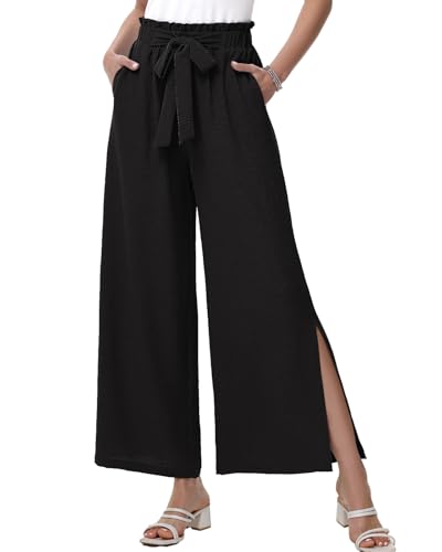 HMIYA Weite Hosen Damen Lässig Elegant Palazzo Hose Leichte Hohe Taille Sommerhose mit Taschen,Schwarze,L von HMIYA