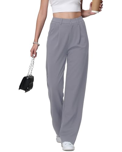 HMIYA Weite Hosen Damen Lässig Gerade Stoffhose Business Elegant Dünne Herbst Hose mit Tasche,Grau,S/32L von HMIYA