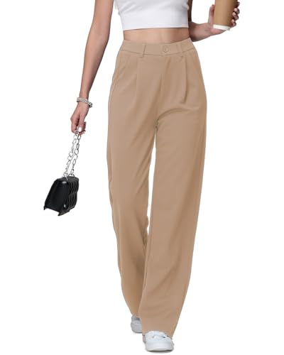 HMIYA Weite Hosen Damen Lässig Gerade Stoffhose Business Elegant Dünne Herbst Hose mit Tasche,Khaki,XL/34L von HMIYA