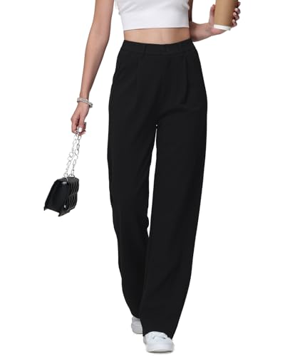 HMIYA Weite Hosen Damen Lässig Gerade Stoffhose Business Elegant Dünne Herbst Hose mit Tasche,Schwarze,3XL/30L von HMIYA