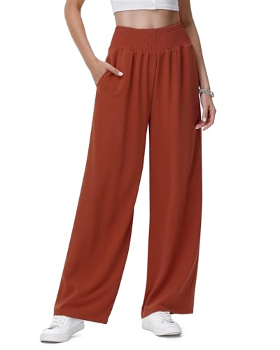 HMIYA Weite Hosen Damen Lässig Leicht Sommerhose Hohe Taille Palazzo Hose mit Taschen,Orange Rot,L von HMIYA