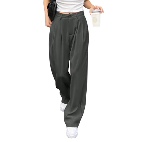 HMIYA Weite Hosen Damen-Lässig Locker Gerade Beinform Hohe Taille Stoffhose mit Tasche,Grau,XL von HMIYA