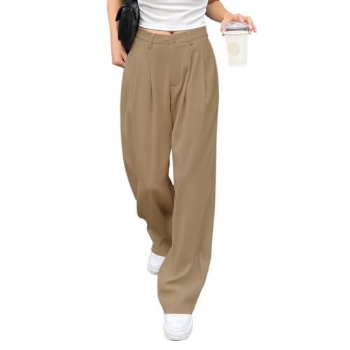 HMIYA Weite Hosen Damen-Lässig Locker Gerade Beinform Hohe Taille Stoffhose mit Tasche,Khaki,L von HMIYA