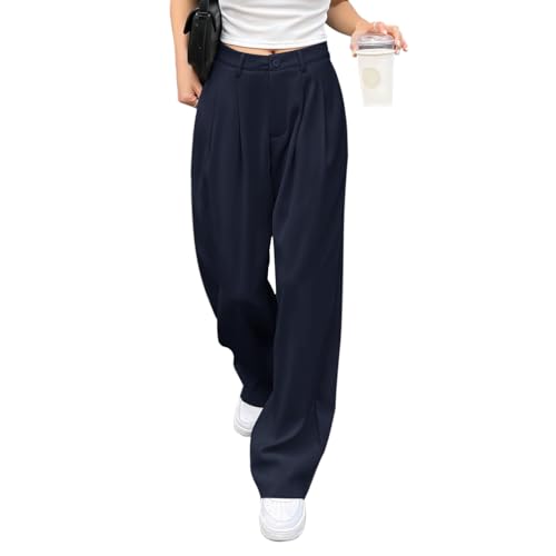 HMIYA Weite Hosen Damen-Lässig Locker Gerade Beinform Hohe Taille Stoffhose mit Tasche,Navy,S von HMIYA