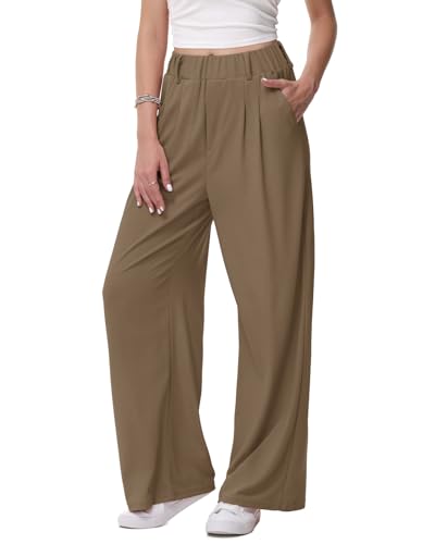 HMIYA Weite Hosen Damen-Lässig Locker Stoffhose Leichte Palazzo Hose Hohe Taille Dünne Herbst Hosen mit Tasche,Braun,L von HMIYA