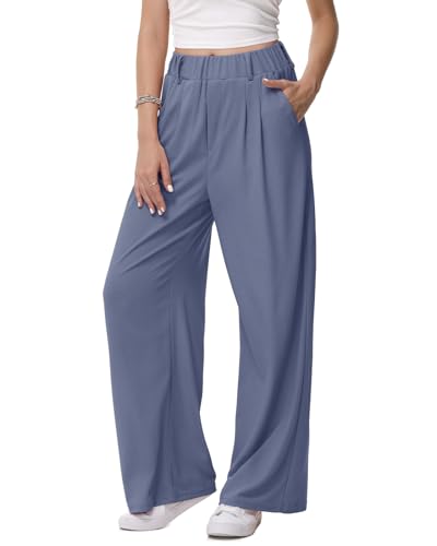 HMIYA Weite Hosen Damen-Lässig Locker Stoffhose Leichte Palazzo Hose Hohe Taille Dünne Herbst Hosen mit Tasche,Haze Blue,L von HMIYA