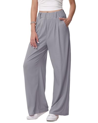 HMIYA Weite Hosen Damen-Lässig Locker Stoffhose Leichte Palazzo Hose Hohe Taille Dünne Herbst Hosen mit Tasche,Grau,M/34L HMIYA Weite Hosen Damen-Lässig Locker Stoffhose Leichte Palazzo Hose Hohe Taille Dünne Herbst Hosen mit Tasche,Grau,M/34L von HMIYA