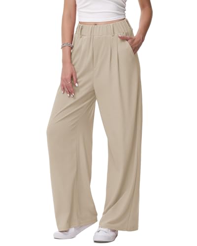 HMIYA Weite Hosen Damen-Lässig Locker Stoffhose Leichte Palazzo Hose Hohe Taille Dünne Herbst Hosen mit Tasche,Khaki,M von HMIYA