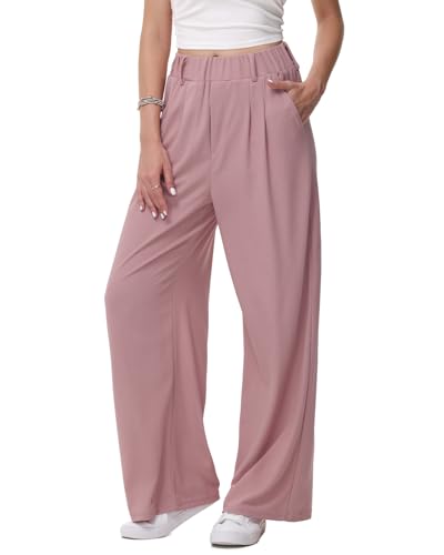 HMIYA Weite Hosen Damen-Lässig Locker Stoffhose Leichte Palazzo Hose Hohe Taille Dünne Herbst Hosen mit Tasche,Rosa,XL/34L von HMIYA