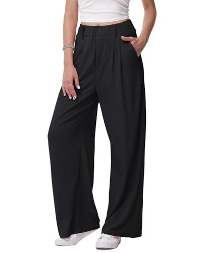 HMIYA Weite Hosen Damen-Lässig Locker Stoffhose Leichte Palazzo Hose Hohe Taille Dünne Herbst Hosen mit Tasche,Schwarze,S/34L HMIYA Weite Hosen Damen-Lässig Locker Stoffhose Leichte Palazzo Hose Hohe Taille Dünne Herbst Hosen mit Tasche,Schwarze,S/34L von HMIYA