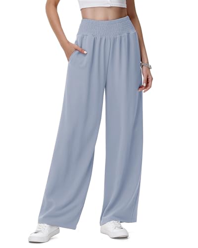HMIYA Weite Hosen Damen Lässig Leicht Sommerhose Hohe Taille Palazzo Hose mit Taschen,Haze Blue,2XL von HMIYA