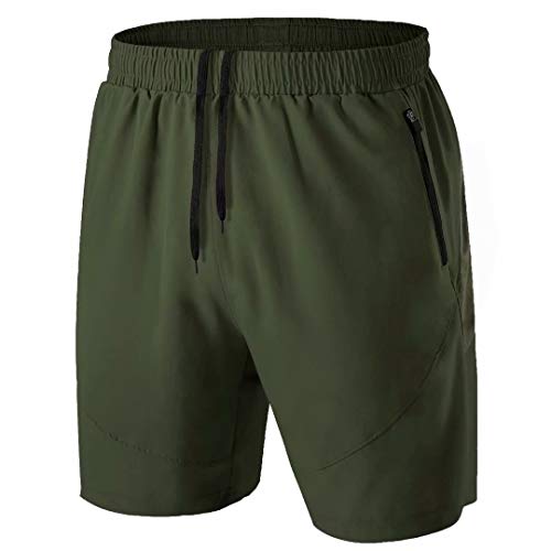 Herren Sport Shorts Kurze Hose Schnell Trocknend Sporthose Leicht mit Reißverschlusstasche(Armeegrün,EU-3XL/US-2XL) von HMIYA