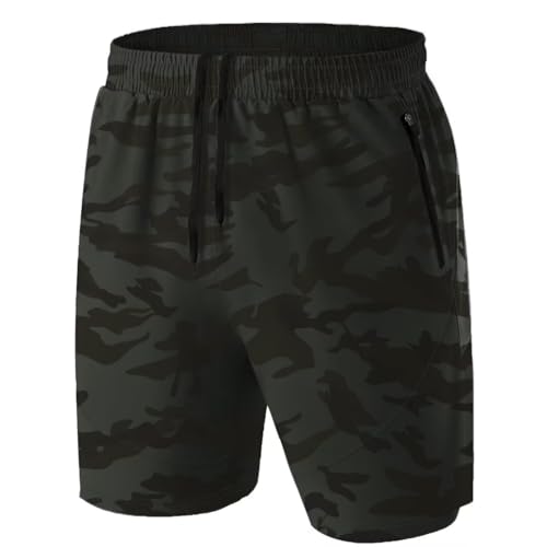 Herren Sport Shorts Kurze Hose Schnell Trocknend Sporthose Leicht mit Reißverschlusstasche(Camo Armeegrün,EU-2XL/US-XL) von HMIYA