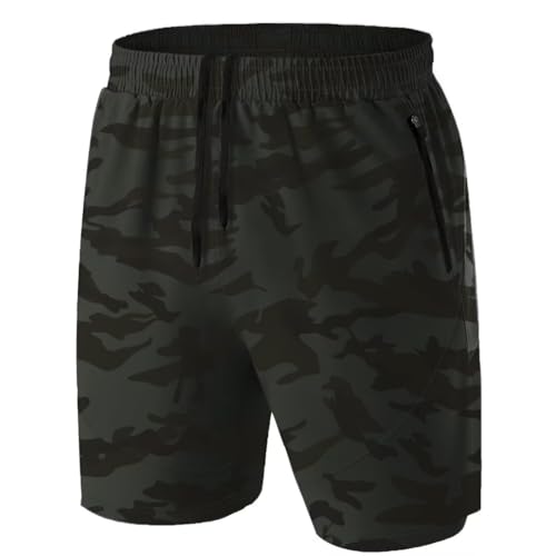 Herren Sport Shorts Kurze Hose Schnell Trocknend Sporthose Leicht mit Reißverschlusstasche(Camo Armeegrün,EU-4XL/US-3XL) von HMIYA