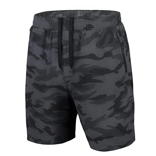 Herren Sport Shorts Kurze Hose Schnell Trocknend Sporthose Leicht mit Reißverschlusstasche(Camo Grau,EU-2XL/US-XL) von HMIYA