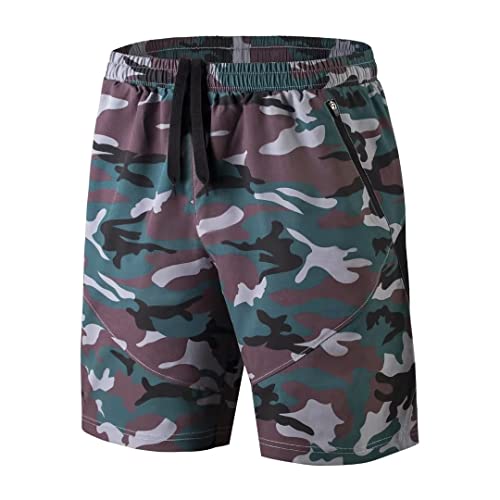 Herren Sport Shorts Kurze Hose Schnell Trocknend Sporthose Leicht mit Reißverschlusstasche(Camo Grün,EU-L/US-M) von HMIYA