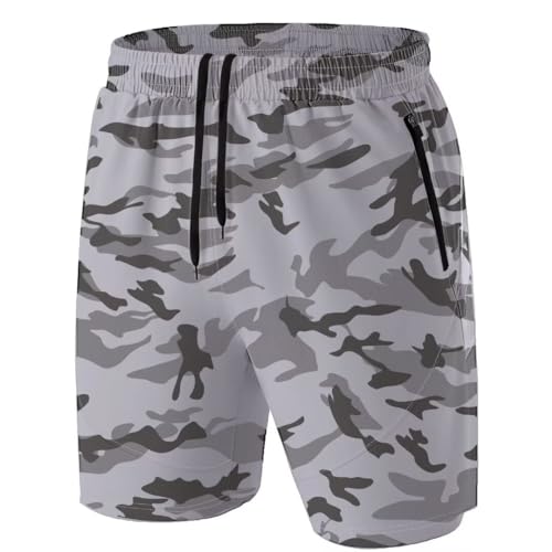 Herren Sport Shorts Kurze Hose Schnell Trocknend Sporthose Leicht mit Reißverschlusstasche(Camo Hellgrau,EU-2XL/US-XL) von HMIYA