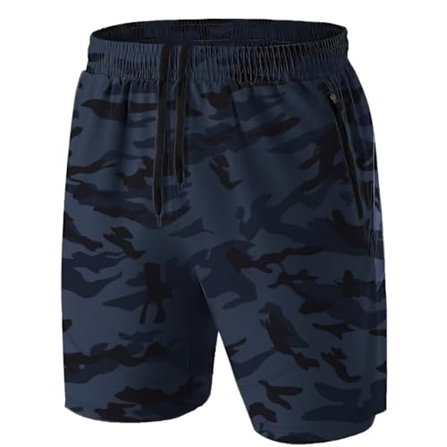 Herren Sport Shorts Kurze Hose Schnell Trocknend Sporthose Leicht mit Reißverschlusstasche(Camo Marine,EU-2XL/US-XL) von HMIYA