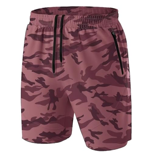 Herren Sport Shorts Kurze Hose Schnell Trocknend Sporthose Leicht mit Reißverschlusstasche(Camo Rosa,EU-2XL/US-XL) von HMIYA