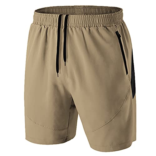 Herren Sport Shorts Kurze Hose Schnell Trocknend Sporthose Leicht mit Reißverschlusstasche(Khaki,EU-4XL/US-3XL) von HMIYA