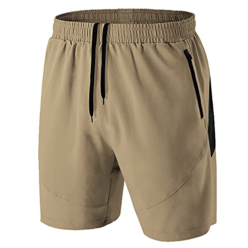 Herren Sport Shorts Kurze Hose Schnell Trocknend Sporthose Leicht mit Reißverschlusstasche(Khaki,EU-M/US-S) von HMIYA