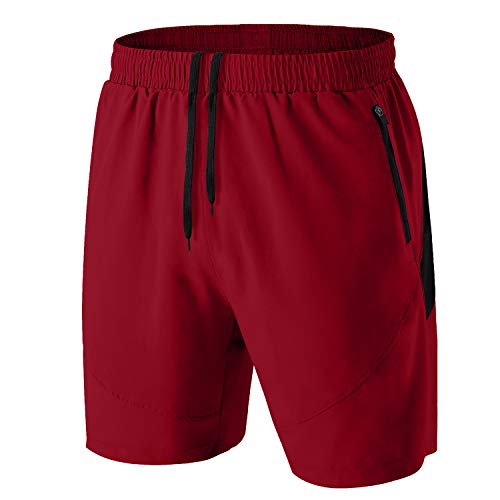 Herren Sport Shorts Kurze Hose Schnell Trocknend Sporthose Leicht mit Reißverschlusstasche(Rot,EU-XL/US-L) von HMIYA