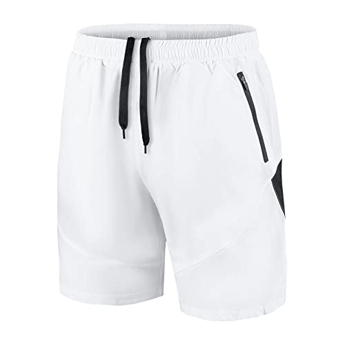 Herren Sport Shorts Kurze Hose Schnell Trocknend Sporthose Leicht mit Reißverschlusstasche(Weiß,EU-3XL/US-2XL) von HMIYA