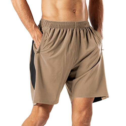 HMIYA Herren Sport Shorts Schnell Trocknend Kurze Hose mit Reißverschlusstasch (Khaki,XL) von HMIYA