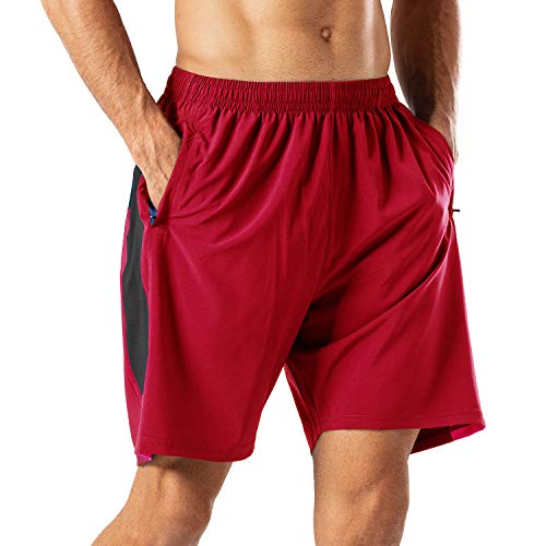 HMIYA Herren Sport Shorts Schnell Trocknend Kurze Hose mit Reißverschlusstasch (Rot,L) von HMIYA