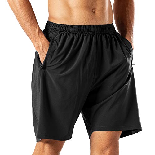 HMIYA Herren Sport Shorts Schnell Trocknend Kurze Hose mit Reißverschlusstasch (Schwarz,6XL) von HMIYA