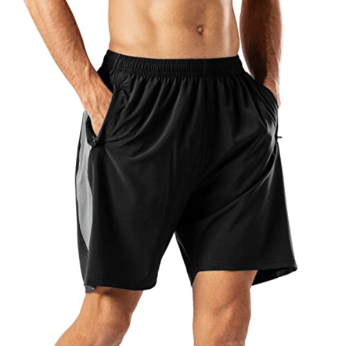 HMIYA Herren Sport Shorts Schnell Trocknend Kurze Hose mit Reißverschlusstasch (Schwarz Grau,3XL) von HMIYA