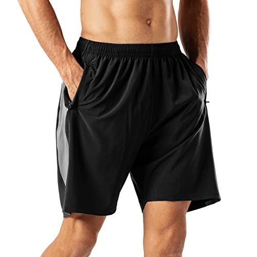 HMIYA Herren Sport Shorts Schnell Trocknend Kurze Hose mit Reißverschlusstasch (Schwarz Grau,S) von HMIYA