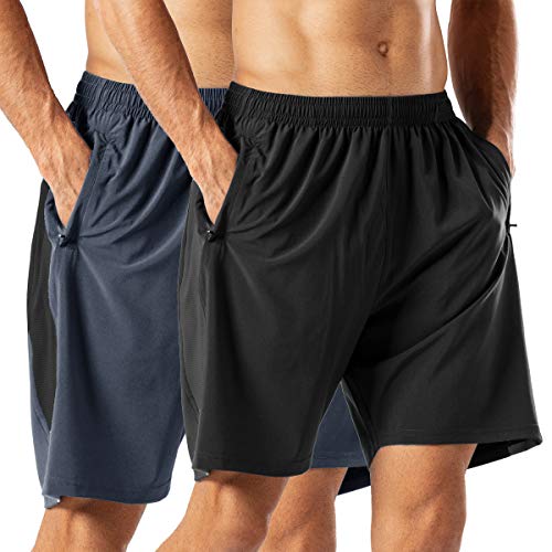 HMIYA Herren Sport Shorts Schnell Trocknend Kurze Hose mit Reißverschlusstasch (Schwarzgrau,L) von HMIYA