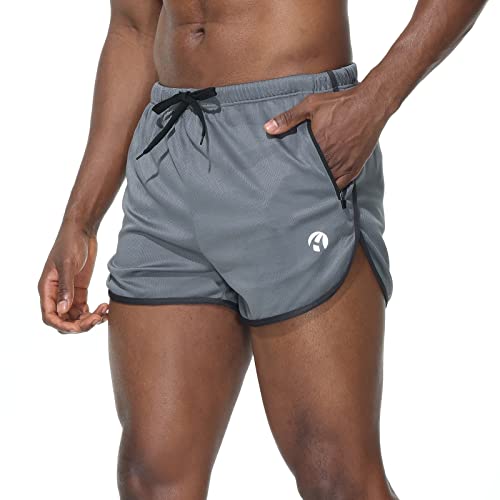 Herren Sport Shorts Schnell Trocknend Kurze Sporthose mit Reißverschlusstaschen und Innenslip (Grau-b M) von HMIYA