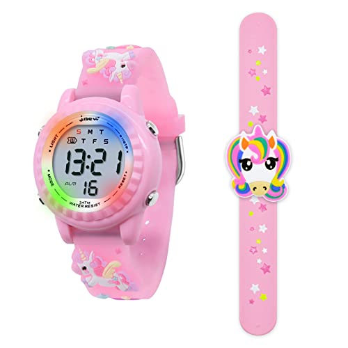 HMJIA 3D Cartoon Design Armbanduhr für Kinder Jungen und Mädchen 3ATM Wasserdicht Kinderuhr mit Wecker/Datum/Stoppuhr/LED (Rosa Einhorn) von HMJIA