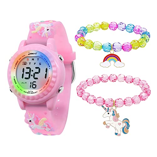 HMJIA 3D Cartoon Design Armbanduhr für Kinder Jungen und Mädchen 3ATM Wasserdicht Kinderuhr mit Wecker/Datum/Stoppuhr/LED (LED Rosa Einhorn) von HMJIA