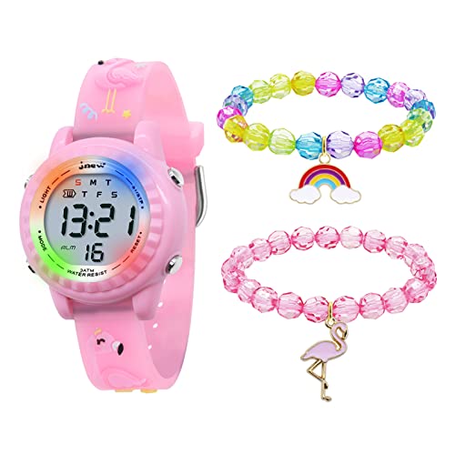 HMJIA 3D Cartoon Design Armbanduhr für Kinder Jungen und Mädchen 3ATM Wasserdicht Kinderuhr mit Wecker/Datum/Stoppuhr/LED (LED Rosa Flamingo) von HMJIA