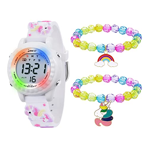 HMJIA 3D Cartoon Design Armbanduhr für Kinder Jungen und Mädchen 3ATM Wasserdicht Kinderuhr mit Wecker/Datum/Stoppuhr/LED (LED Weiße Einhorn) von HMJIA