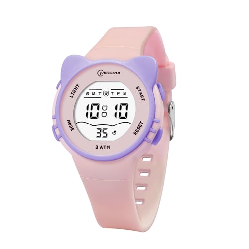 HMJIA Kinderuhr Mädchen mit Katzenmotiv 3ATM Wasserdicht mit Alarm Stoppuhr Licht Kinderuhr Digital LED-Lich Geburtstag für 3-12 Jahre Mädchen (Rosa) von HMJIA
