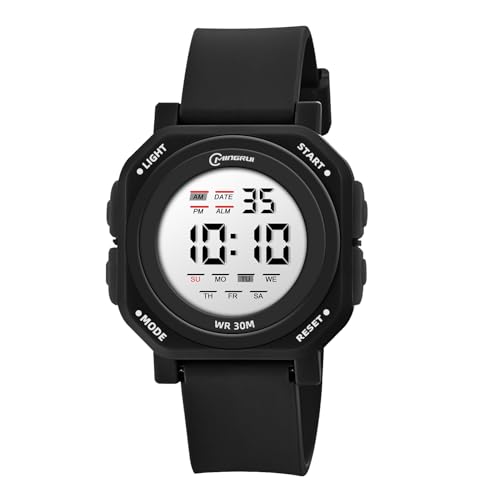 HMJIA Kinderuhr Junge 3ATM wasserdichte Sport Armbanduhr mit Wecker Stoppuhr LED-Lich Datum Kinder Uhren für Jungs Kinderuhr Digital für Junior Teenager (Schwarz) von HMJIA