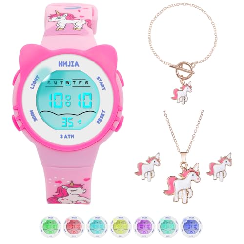 HMJIA Kinderuhr Mädchen mit Katzenmotiv Halsketten Set 3ATM Wasserdicht Armbanduhr mit Alarm Stoppuhr LED-Lich Kinderuhr Digital Geburtstag für 3-12 Jahre Mädchen (Einhorn) von HMJIA