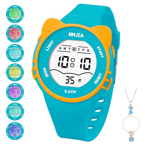 HMJIA Kinderuhr Mädchen mit Katzenmotiv Halsketten Set 3ATM Wasserdicht Armbanduhr mit Alarm Stoppuhr LED-Lich Kinderuhr Digital Geburtstag für 3-12 Jahre Mädchen (Grün) von HMJIA