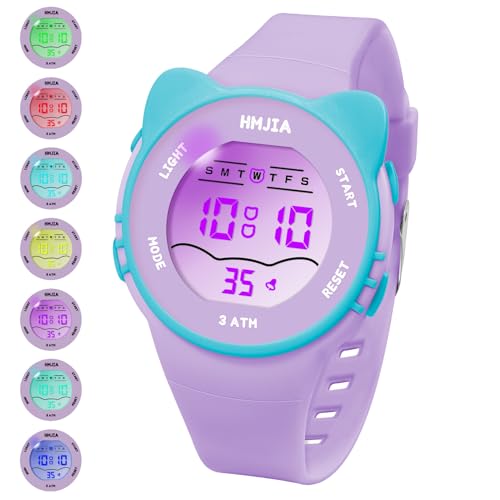 HMJIA Kinderuhr Mädchen mit Katzenmotiv Halsketten Set 3ATM Wasserdicht Armbanduhr mit Alarm Stoppuhr Licht Silikonband Kinderuhr Digital Geburtstag für 3-12 Jahre Mädchen (Lavendel) von HMJIA