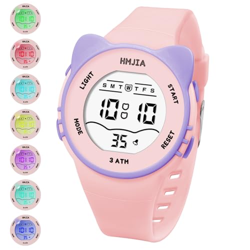 HMJIA Kinderuhr Mädchen mit Katzenmotiv Halsketten Set 3ATM Wasserdicht Armbanduhr mit Alarm Stoppuhr LED-Lich Kinderuhr Digital Geburtstag für 3-12 Jahre Mädchen (Rosa) von HMJIA