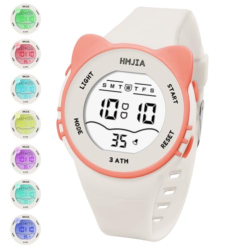 HMJIA Kinderuhr Mädchen mit Katzenmotiv Halsketten Set 3ATM Wasserdicht Armbanduhr mit Alarm Stoppuhr Licht Silikonband Kinderuhr Digital Geburtstag für 3-12 Jahre Mädchen (Weiß) von HMJIA