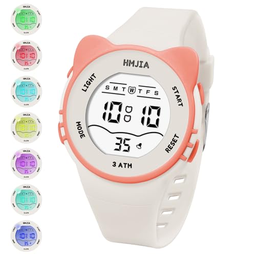 HMJIA Kinderuhr Mädchen mit Katzenmotiv Halsketten Set 3ATM Wasserdicht Armbanduhr mit Alarm Stoppuhr LED-Lich Kinderuhr Digital Geburtstag für 3-12 Jahre Mädchen (Weiß) von HMJIA