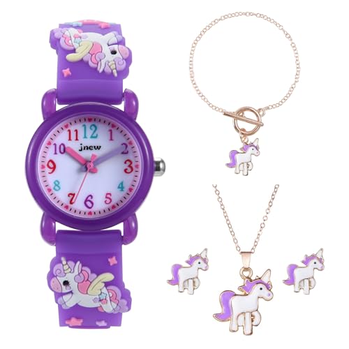 HMJIA Mädchen und Jungen Analog Quarz Uhr mit Cartoon Design 30M wasserdichte SilikonArmband Japanischen Quarzwerk Lern Armbanduhr für Kinder 3-10 Jahre (Violettes Einhorn Set) von HMJIA