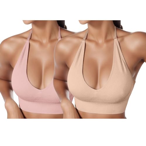 2 Stücke BHS Damen Neckholder Sport BH Rückenfrei Tiefer V Ausschinitt Sport Bustier Gepolstert Sexy Gym Push Up Ohne Bügel Bra Crop Top Backless Verstellbare Träger von HMLTD