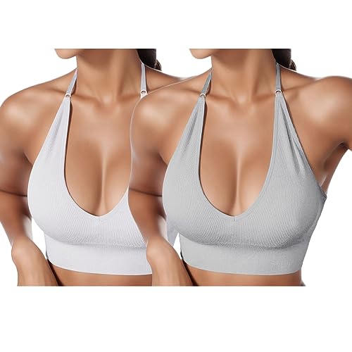 2er Pack BHS Damen Neckholder Sport BH Rückenfrei Tiefer V Ausschinitt Sport Bustier Gepolstert Sexy Gym Push Up Ohne Bügel Bra Crop Top Backless Verstellbare Träger von HMLTD